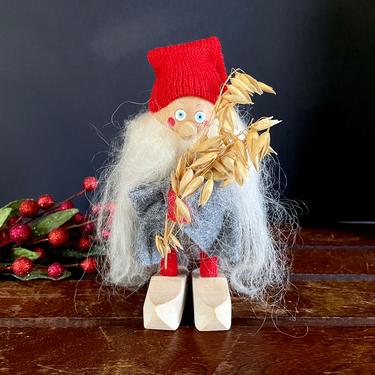 Vintage Swedish Tomte Gnome, Christmas Decoration Figurine Ornament, with Wheat - Torsten Klintas, Scandinavian Folk Art, Wood Fur, Handmade 