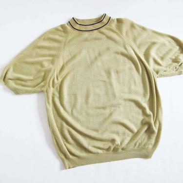 Vintage 60s Shirt L XL  - 1960s Mockneck Shirt - Yellow Green Short Sleeve - Mens 60s Knit Shirt - 60s Surf Clothing - Stripe Collar 