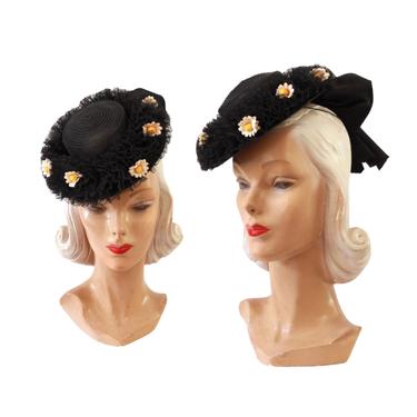 1940s Daisy Hat - 1940s Black Tilt Hat - 1940s Tilt Hat - Vintage Black Tilt Hat - Vintage Daisy Hat - 1940s Black Hat - 1940s Womens Hat 