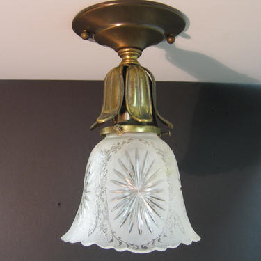 1088 Vintage Brass Ceiling Shade Holder w/Vintage Etched Glass Shade Rewired Restored 
