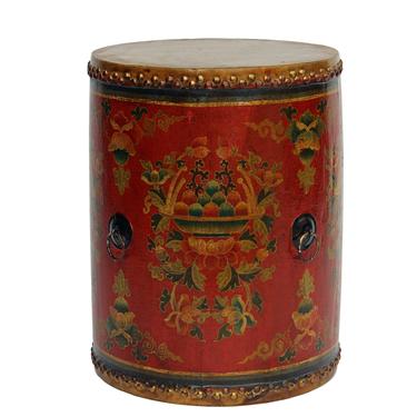 Distressed Chinese Tibetan Drum Shape Red Floral Coffee Side Table cs3582S
