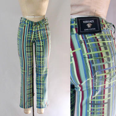 VERSACE JEANS COUTURE Vintage 90s, 1990s Club Kid Designer Denim Pants | Fitted Low Waist | Abstract Geo Plaid Stripe Pattern | Size Small 