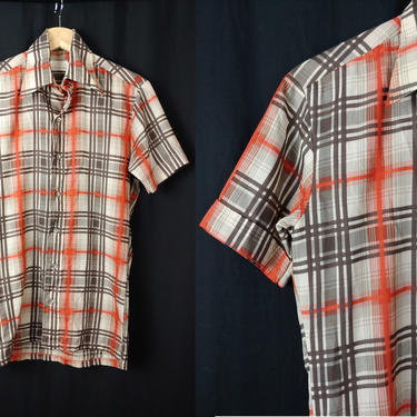 Vintage Seventies Men's Brown Orange Plaid Short Sleeve Button Up Shirt - 70s La Strada Men's Small Lightweight Collared Shirt 