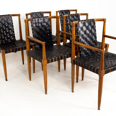 Jens Risom Style Tomlinson Mid Century Walnut and Leather Strap Dining Chairs - Set of 6 - mcm 