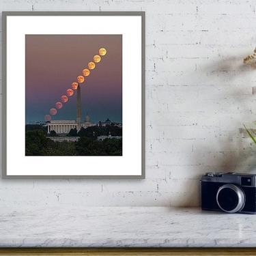 Washington DC Photo, Lincoln Memorial, Washington Monument, Capitol Dome Wall Art, DC Skyline Print, Full Moon Photography, Cityscape Print 