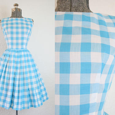 1960's Blue and White Gingham Plaid Cotton Sun Dress / Size Small 