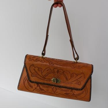 Vintage Tan Leather Tooled Handbag