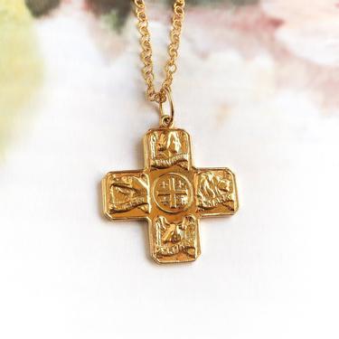 Vintage Yellow Gold Four Evangelists New Testament Cross Pendant 14k Gold w/ 18K Chain 