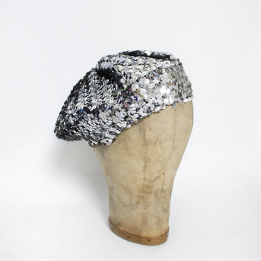 Vintage 1970s Hat Metallic Silver SEQUIN Disco Knit Beret Slouchy Cap 