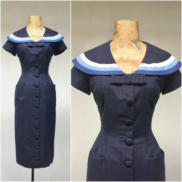 Vintage 1950s Navy Linen Wiggle Dress, Blue Fitted Mid-Centurey Frock with Princess Seams, Wide Sailor Collar, Pencil Skirt, Small 36&amp;quot; Bust 