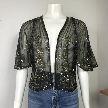 Vtg 20s revival 80s mesh sequin bed jacket small top 
