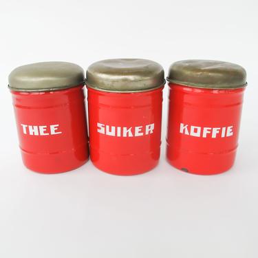 Set of 3 Midcentury Dutch Red with Chrome Dome Lid Danish Canisters 