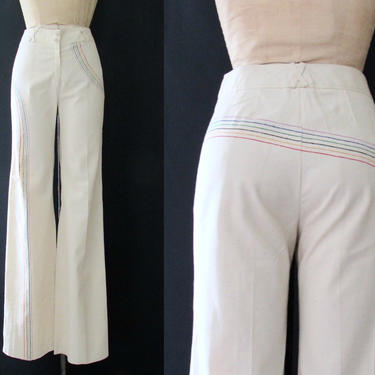 RAINBOW BRIGHT Vintage 70s Cream Denim Pants | 1970s High Waist Bell Bottom Cotton Jeans w/ Embroidery | Wide Flares Boho Funk | Size Medium 