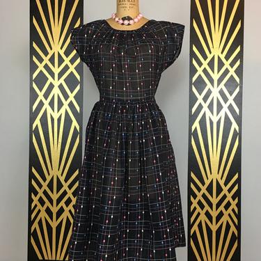 1940s cotton dress, vintage 40s dress, lady Alice, black polka dot, full skirt, cap sleeve dress, sheer, embroidered, pastel dots, medium 