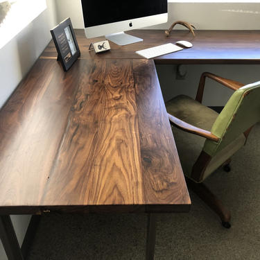 Walnut L shaped desk. Modern office desk. Solid wood desk. Executive desk. Dark wood desk. Hardwood desk. Walnut Table. Industrial desk. 