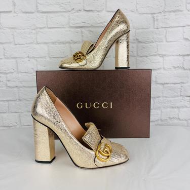 Gucci Marmont Loafer 105 Leather Court Pump, Gold, Size 38