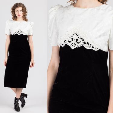 Vintage Jessica McClintock Puff Sleeve Dress - Small | 80s Black Velvet White Jacquard Lolita Gothic Midi Dress 