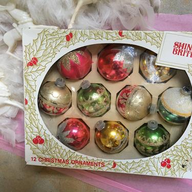 Box Of Vintage Shiny Brite Glass Ornaments, Christmas Ornaments Set Of 10, Plastic Tops, 
