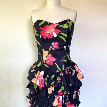 1980s Strapless floral cotton dress 
