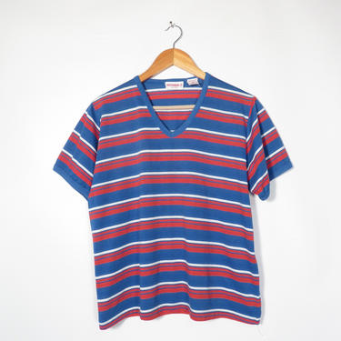 Vintage 70s/80s Red White And Blue Striped V Neck Tshirt Size M/L 