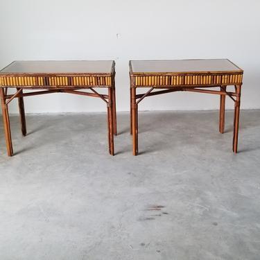 1970's Vintage Boho Chic Rattan Side Tables With Glass Tops - a Pair. 