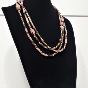 Pink Black Rhodonite Spaghetti Necklace - Multistrand Polished Stone Necklace 