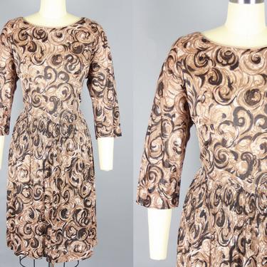 1960s NYLON JERSEY Dress | Vintage 60s Brown Swirl Print Dress | large 