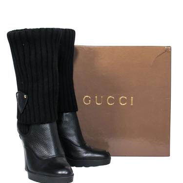 Gucci - Black Leather & Ribbed Knit Fold-Over Wedge Boots Sz 7