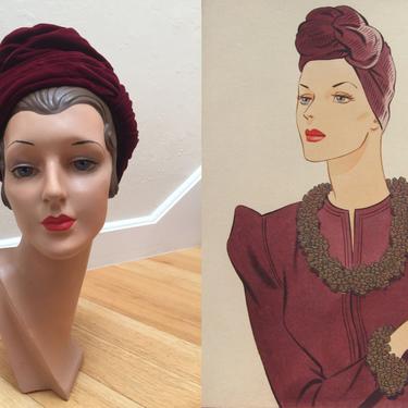 Dramatic Colour Scheme - Vintage 1930s 1940s Burgundy Silk Velvet Twisted Turban Hat 