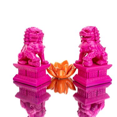 Vintage 7” Hot Pink Foo Dog Statues || Pair of Male &amp; Female Guardian Shishi Lions || Modern Color Pop Protection Firgurines 