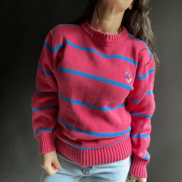 Vintage 80's Hot Pink and Blue Striped Cotton Crew Neck Sweater, Size Medium 