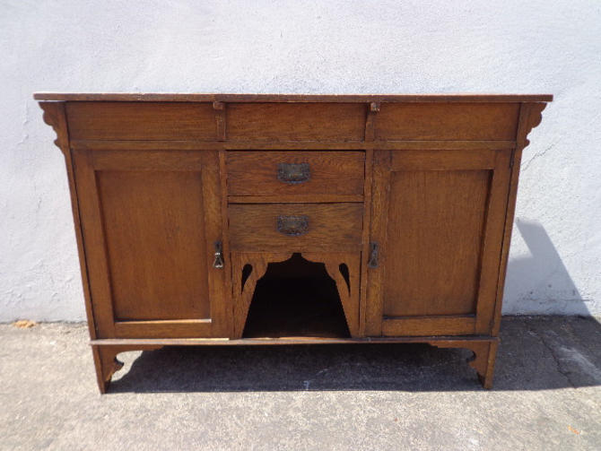 Antique Arts And Crafts Quarter Swan Oak Wood Buffet Cabinet