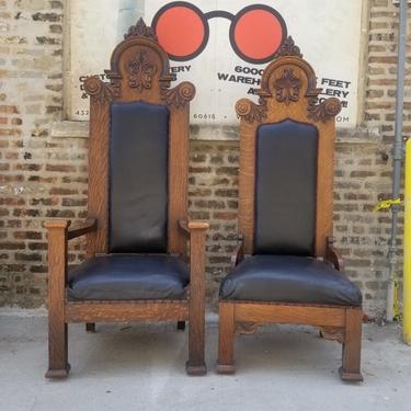 Rare Antique 19th Century American Gothic , Hand-carved Solid Oak High Back , Black Leather Upholstered His & Her Throne Chairs