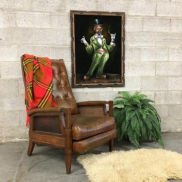 LOCAL PICKUP ONLY Vintage Recliner Retro 1970's Wood Frame and Vinyl Lounge Chair with Tufted Back and Cane Sides 
