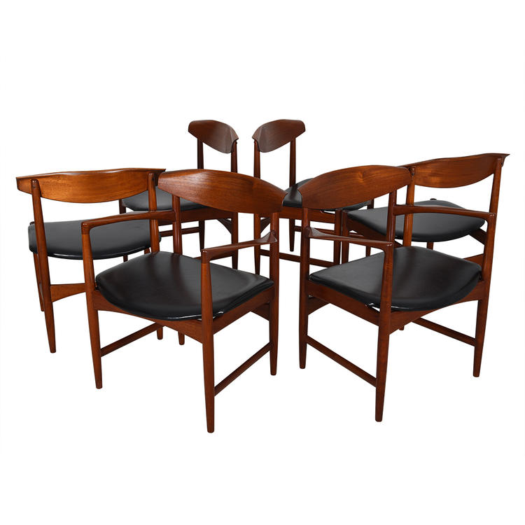 Set of 6 (2 Arm + 4 Side) Danish Teak Sculpted Back Dining Chairs