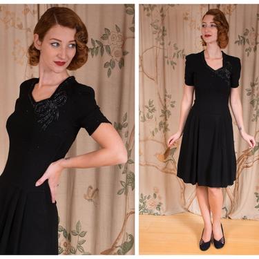 1940s Dress - The Ballant Dress - Vintage 40s Chic Beaded and Studded Black Rayon Cocktail Dress with Bow Motif by New York Creation 