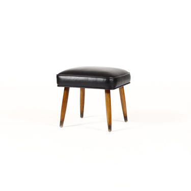 Danish Modern / Mid Century Square Ottoman / Footstool — Black Vinyl — Walnut Legs 