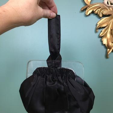 black satin purse, 1940s wristlet, vintage handbag, Bostonian, lucite handbag, film noir style, 1930s purse, hollywood glamour, evening bag 