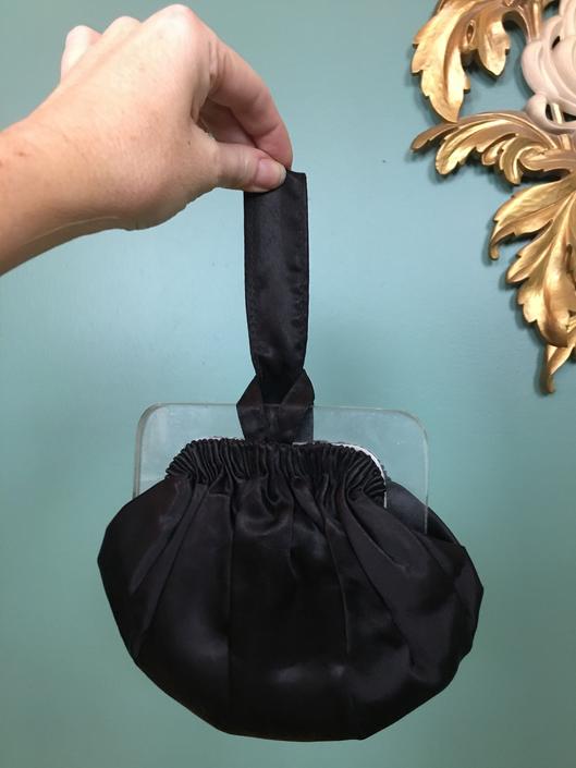 black satin purse, 1940s wristlet, vintage handbag, Bostonian, lucite handbag, film noir style, 1930s purse, hollywood glamour, evening bag by BlackLabelVintageWA