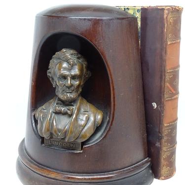 Antique Bronze Abraham Lincoln Bust on Wooden Book End, Vintage Office Library Decor 