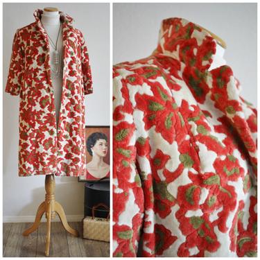 RESERVED SOLD //  Vintage 1950's 60's Cream Coral Red CARPET Chenille Tapestry Clutch Swing Coat One Size 