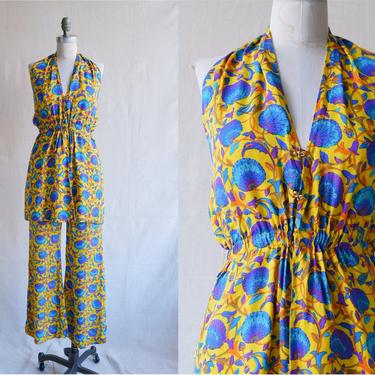 Vintage 60s Bendel Silk Floral Halter Two Piece Set/ 1960s Colorful Suit with Wide Leg Trousers/ Size XS Small 