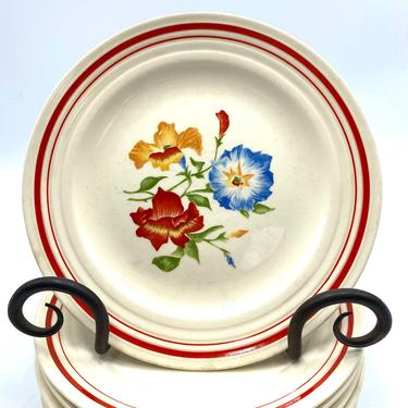 Universal Cambridge Vintage Garden Glory Bread and Butter Plates, Set of 9, Red, Blue Flowers, Floral, Mid Century Dinnerware, Red Band Trim 