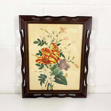 Vintage Framed Floral Print Botanical Wall Art Gallery Chirat 40s 1940s Print Wooden Brown Frame Flowers Boho Bohemian Style 