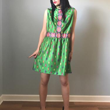 vintage 70s EMILIO BORGHESE sleeveless mod mini dress | asian style floral dress 