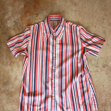 70s Red and Blue Striped Dagger Collar Blouse Size M 