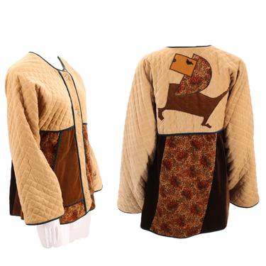 70s art to wear quilted jacket / vintage 1970s Chessa Davis folk quilt appliquéd lion jacket Koos M 