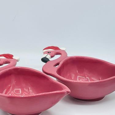Vintage set of (2)  Boston Warehouse Flamingo Bowls Santa Hat- Christmas bowl Chip Free 