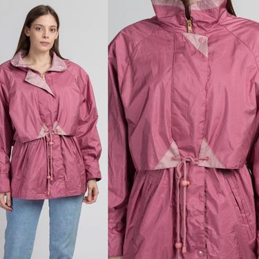80s Pink Drawstring Waist Rain Jacket - Small | Vintage Oversize Gingham Trim Lightweight Windbreaker Parka Coat 