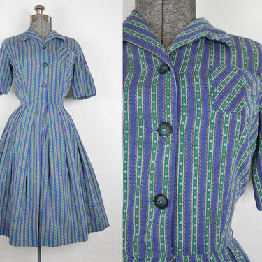 1950's Blue and Green Shirtwaist Dress / Size Medium 